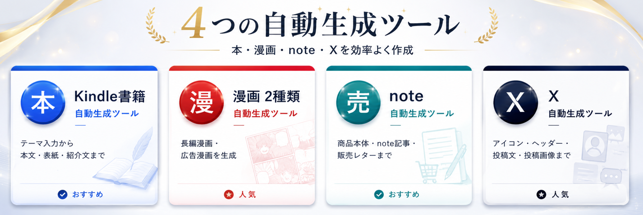 Kindle書籍、漫画2種類、note、Xの全自動ツール一覧