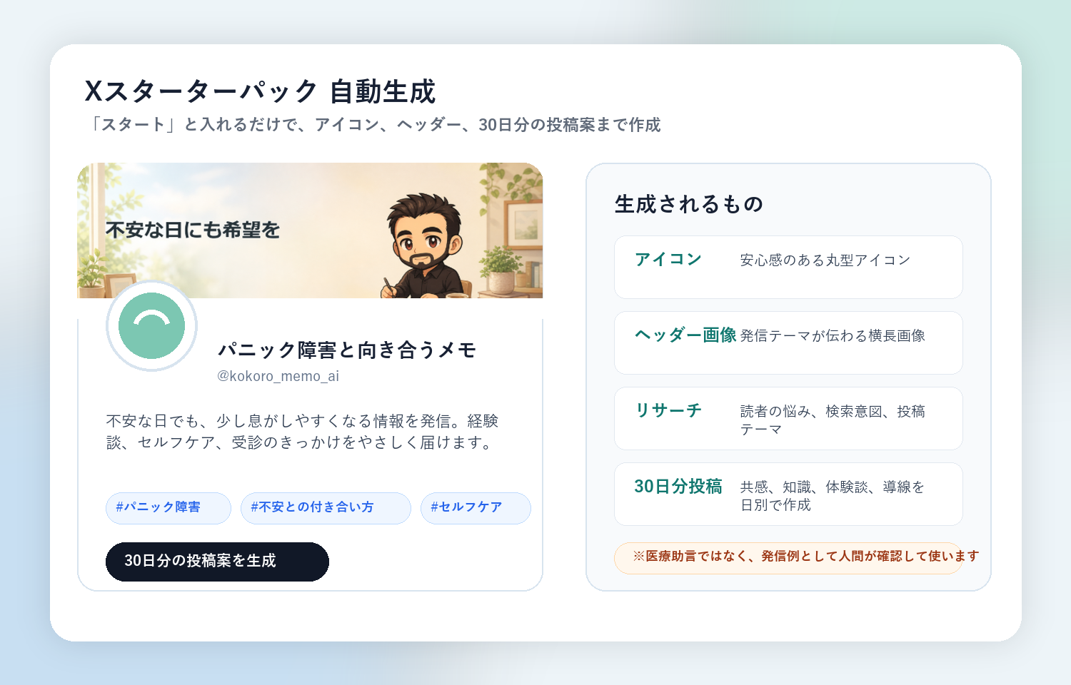 パニック障害テーマのXスターターパック自動生成実例